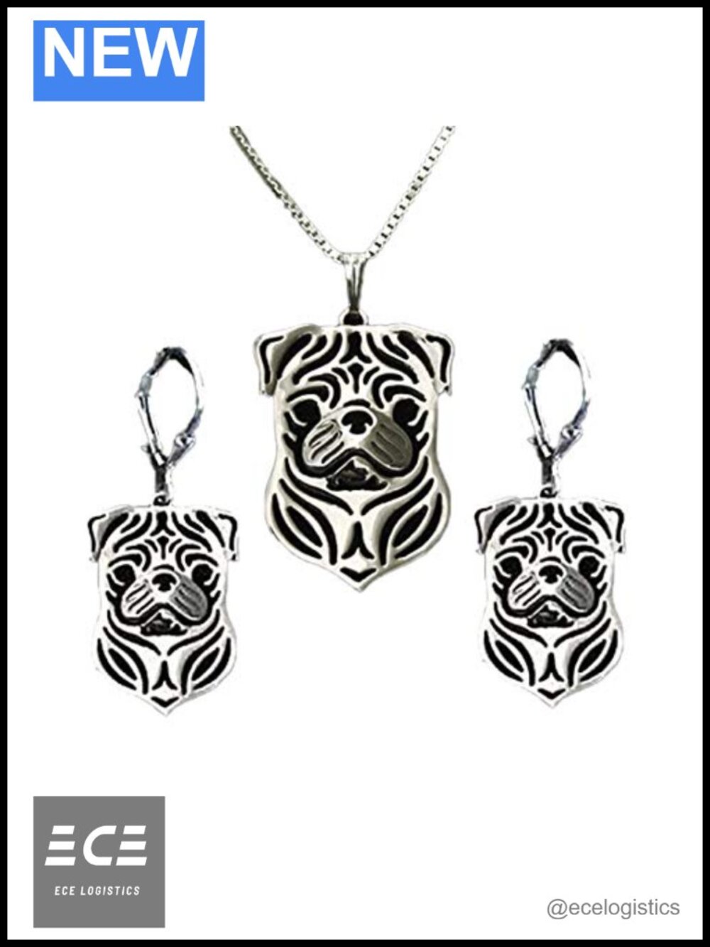 Pug Dangle Earrings White Gold over 925 Sterling Silver Dog Jewelry Gift